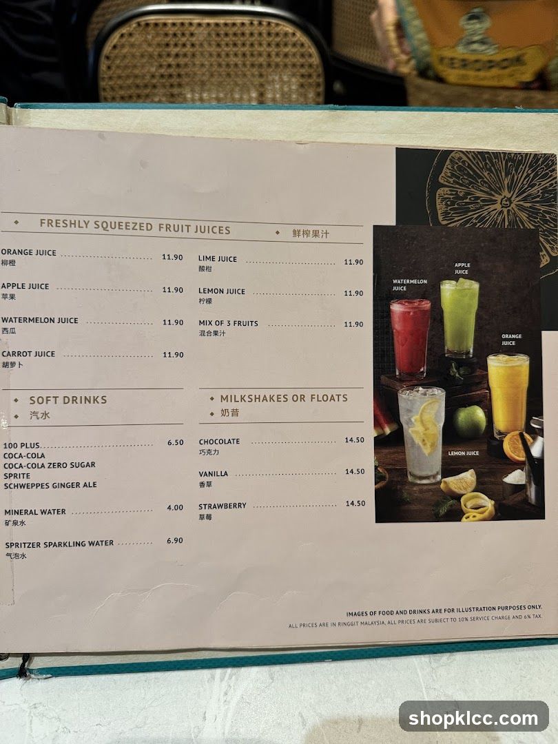 Freshly Squeezed Fruit Juices, Soft Drinks, Milkshakes or Floats