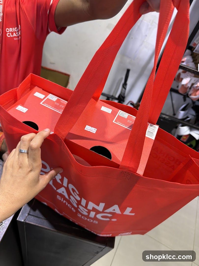 Red Tote Bag with Shoe Boxes