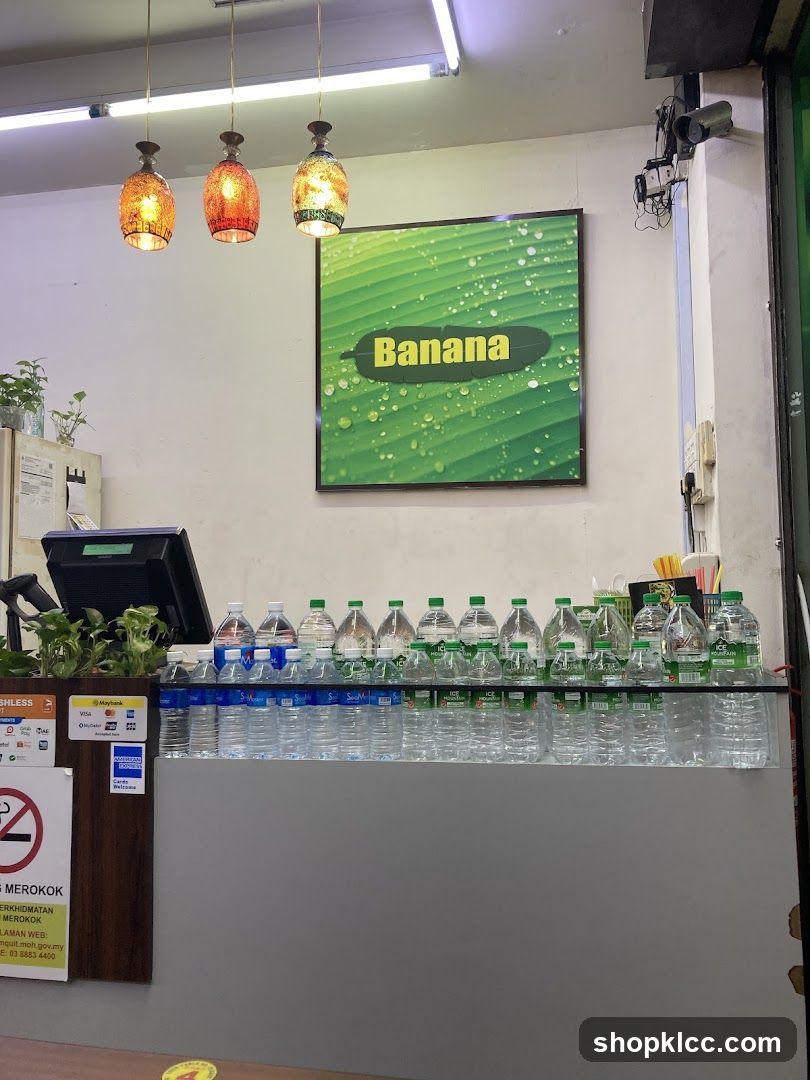 Counter with bottled water and signage