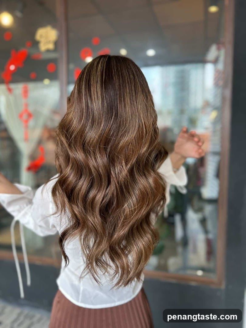 Woman with long, wavy, highlighted brown hair