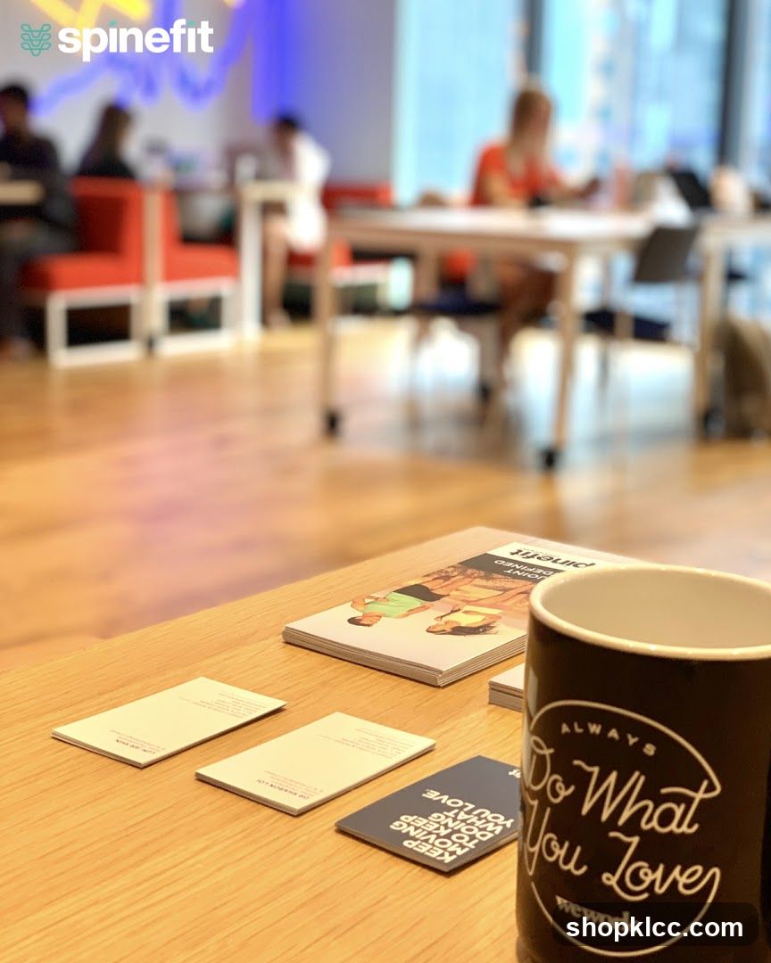Desk with business cards and mug