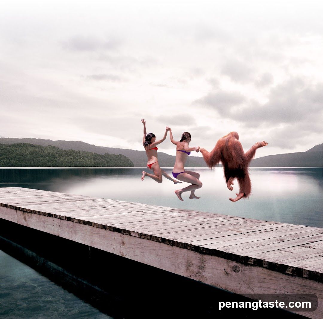 People and Orangutan Jumping into Lake