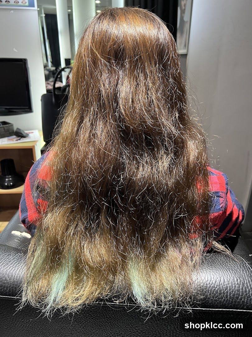 Woman with long, layered brown hair with light blue tips
