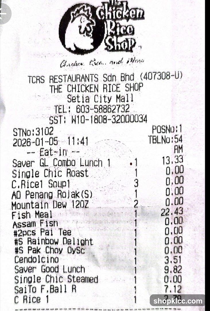 The Chicken Rice Shop Receipt