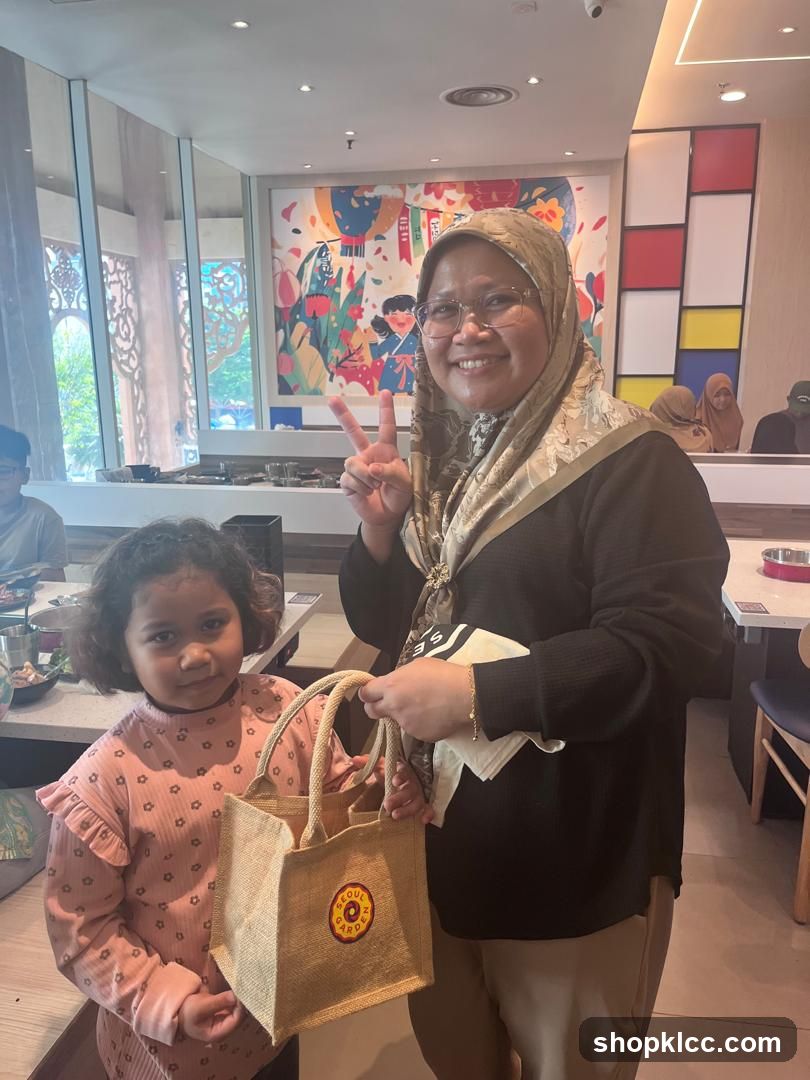 Woman and child with gift bag