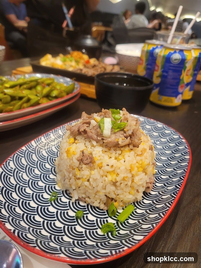 Beef Fried Rice with Edamame and Drinks