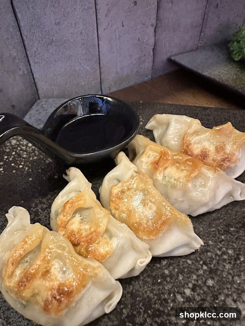 Pan-fried dumplings with dipping sauce