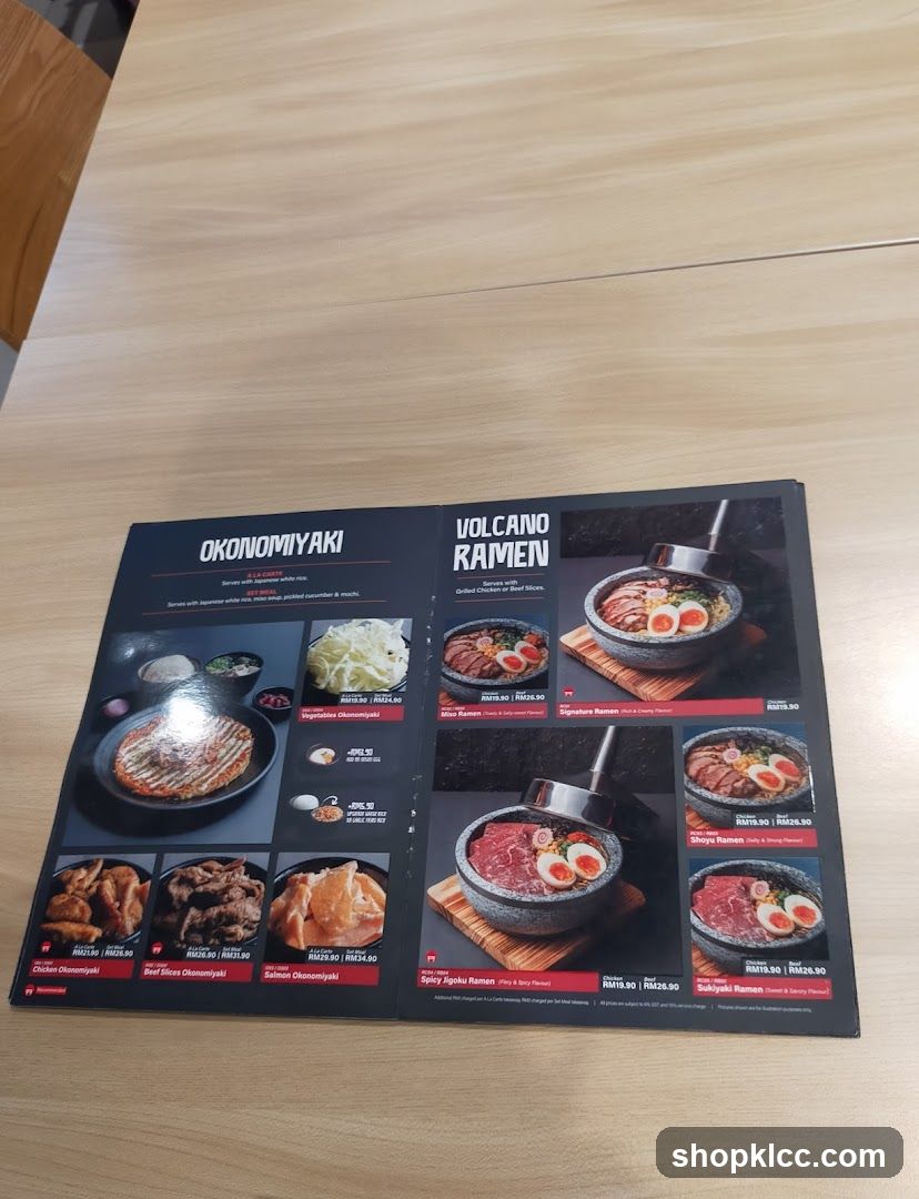 Okonomiyaki and Volcano Ramen Menu