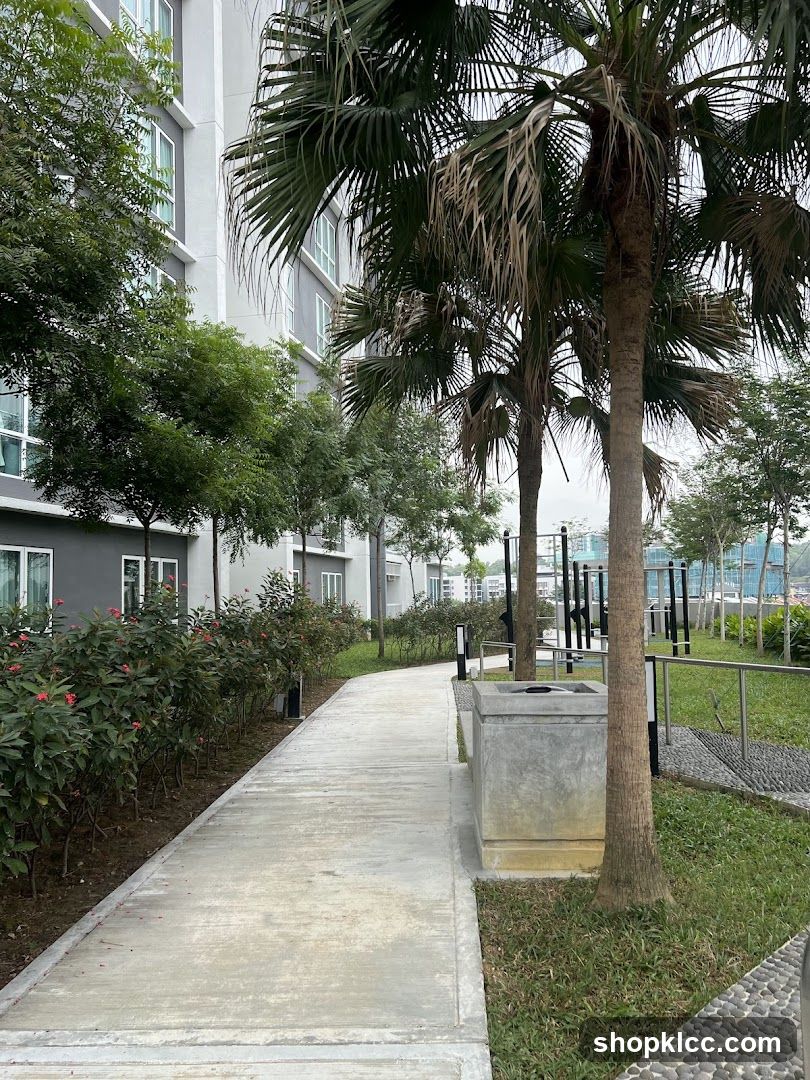 Apartment Building Exterior with Pathway and Trees