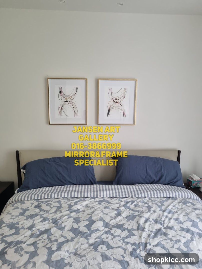Bedroom Interior with Artwork and Text Overlay