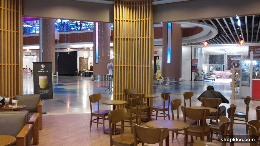 Mall Interior with Seating Area and Storefronts