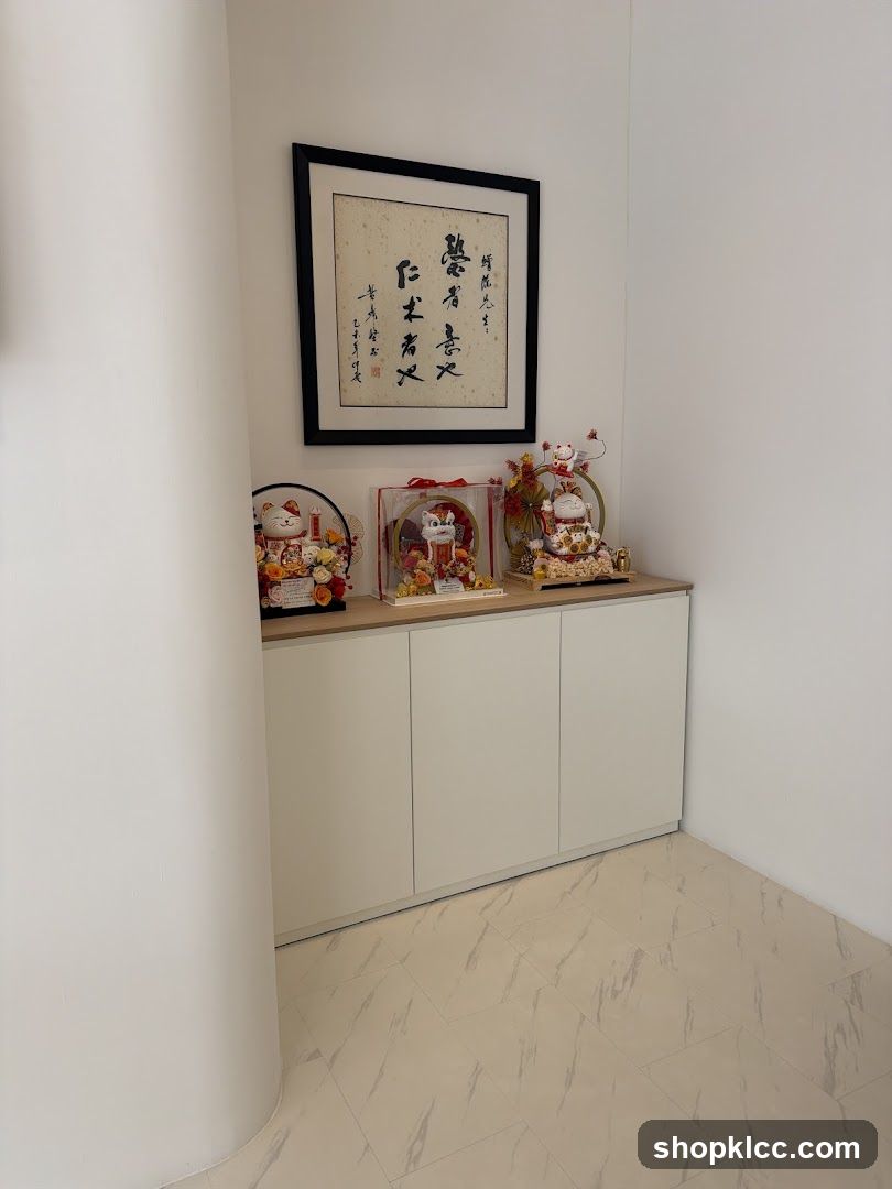 Interior Corner Display with Maneki-neko Figurines and Calligraphy Art