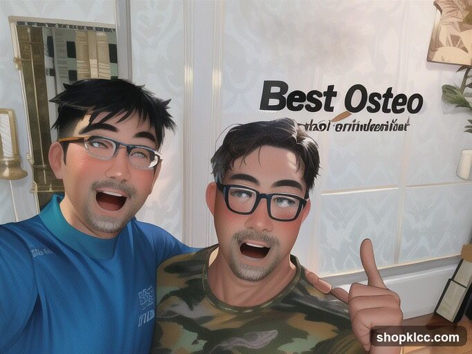 Cartoon-style selfie of two men in a shop interior