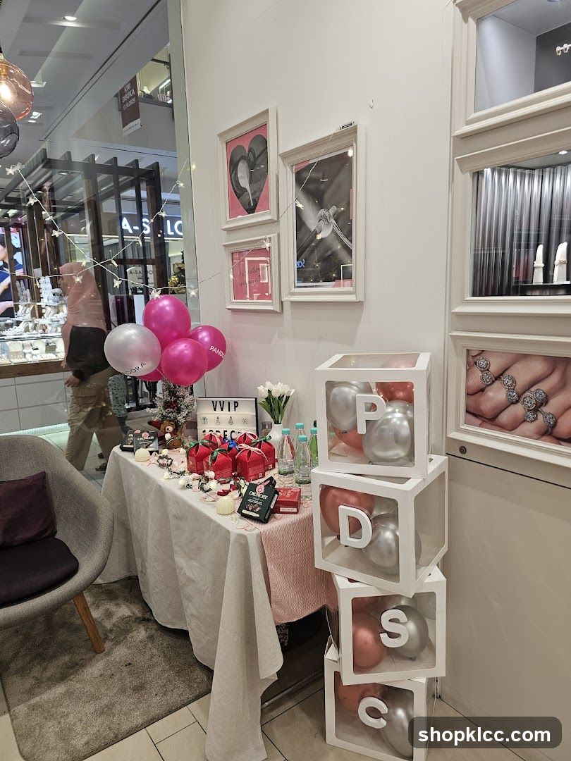 Jewelry store display with balloons and gifts