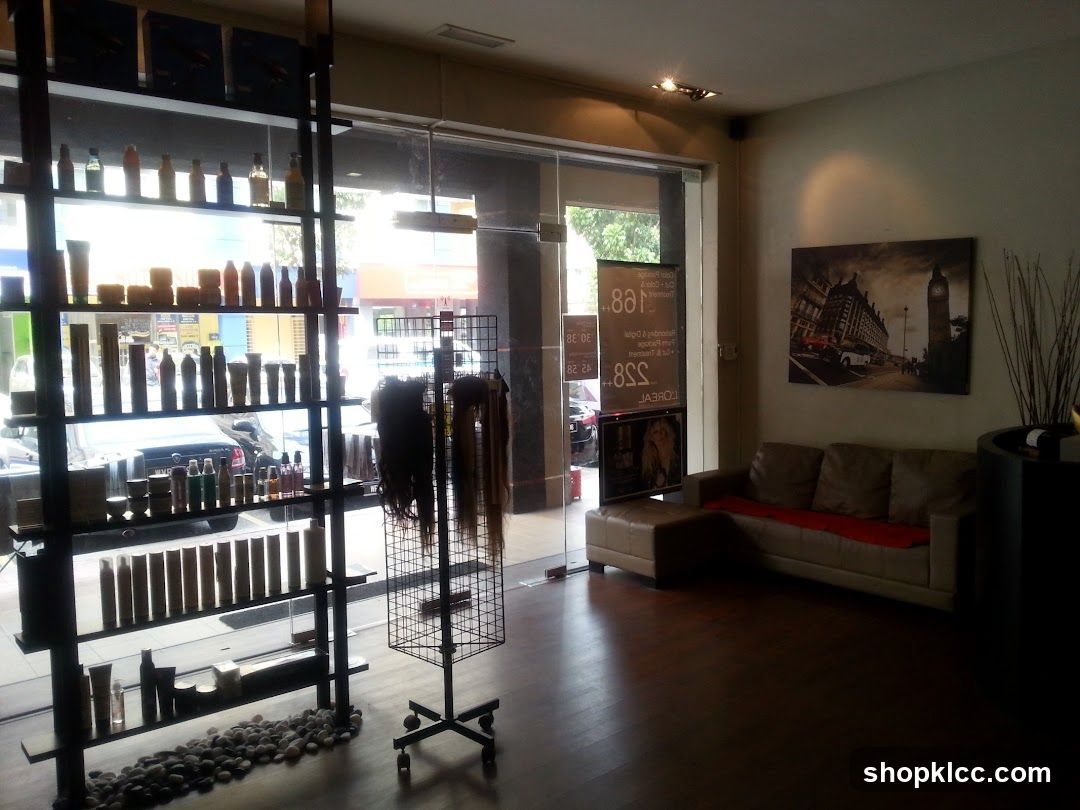 Salon Interior with Product Displays and Seating