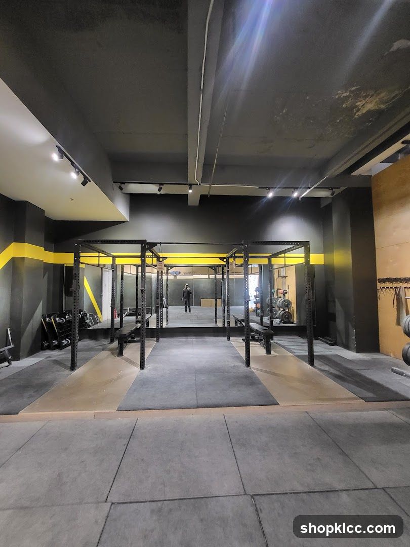 Gym Interior with Squat Racks and Weight Equipment