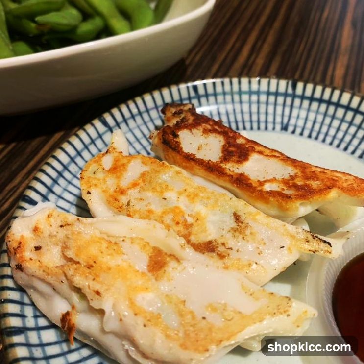 Pan-fried dumplings and edamame