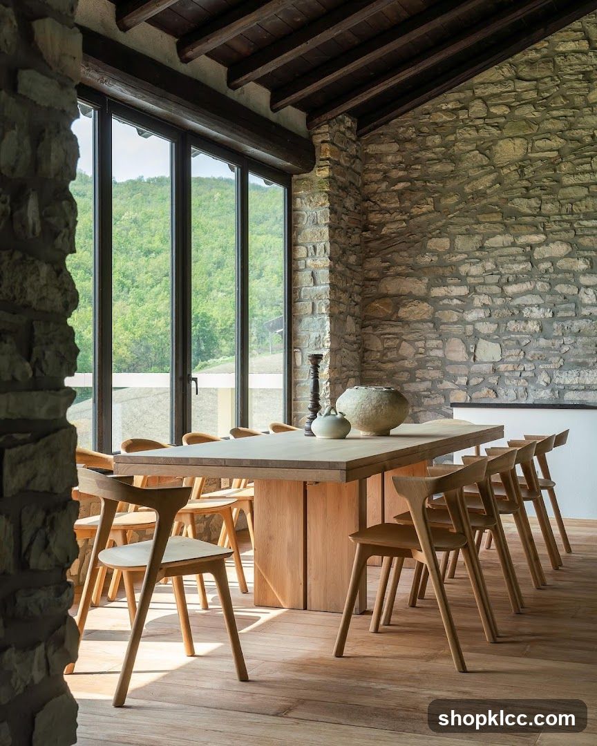 Dining Room with Stone Walls and Wooden Furniture