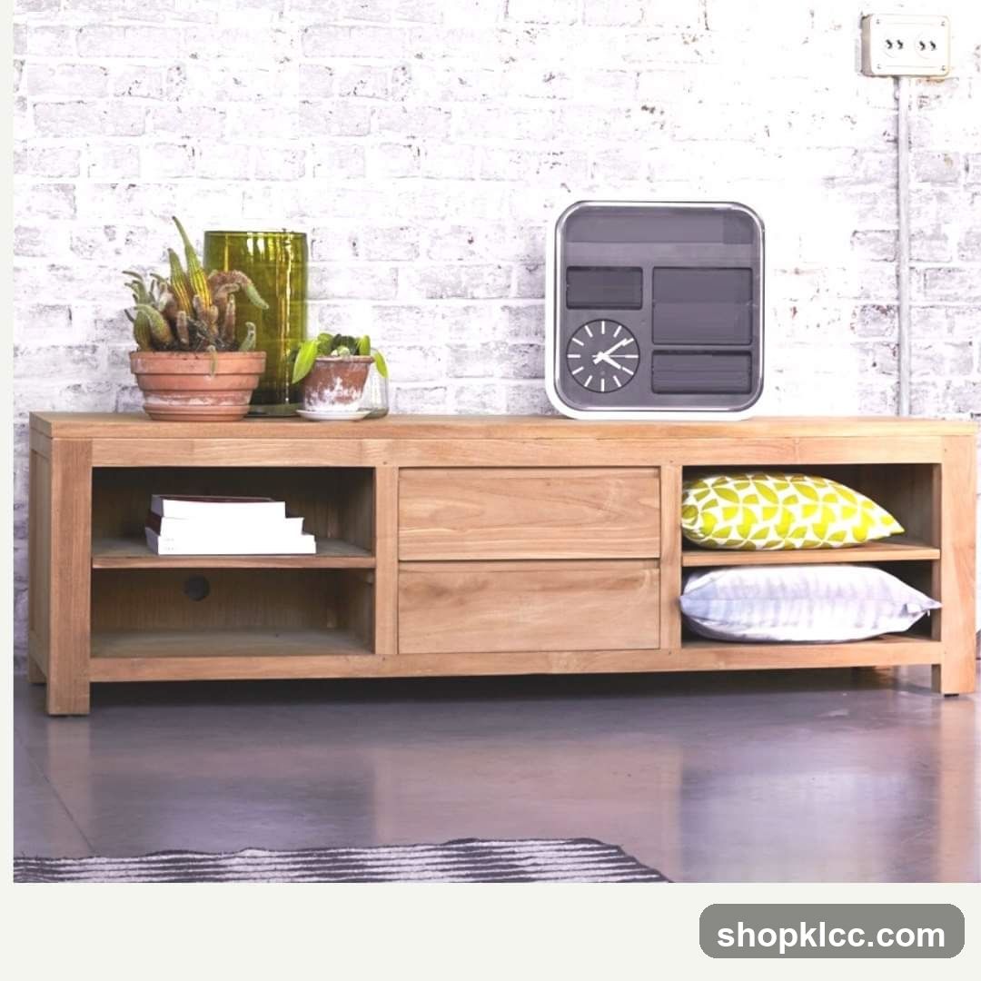 Wooden media console with decorative items