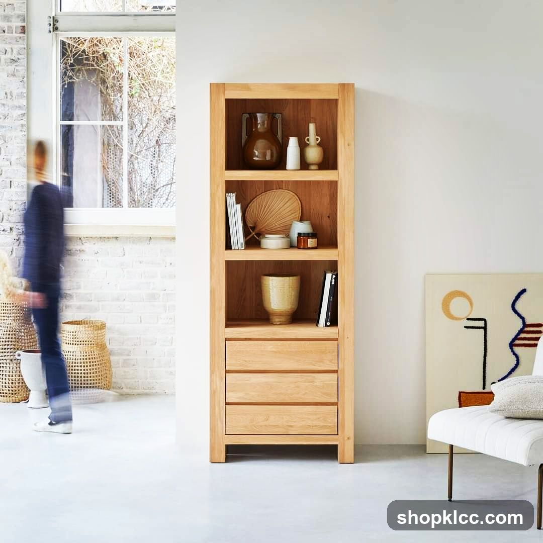 Wooden bookshelf with decorative items