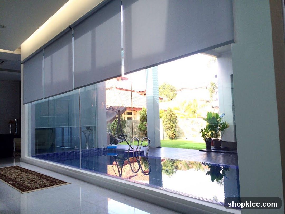 Modern Pool Interior with Glass Wall and Roller Shades