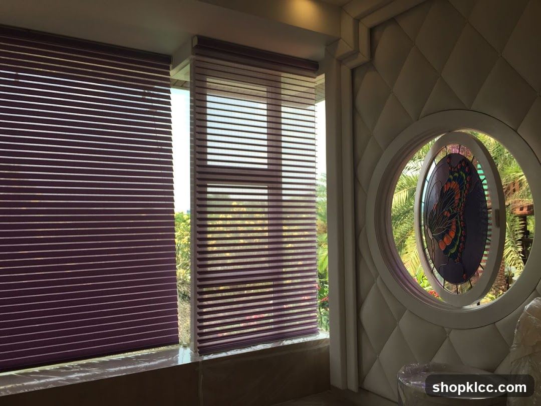 Interior with purple blinds and circular window