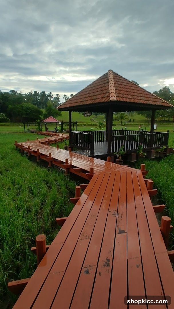 Wooden Boardwalk and Gazebo in a Grassy Field