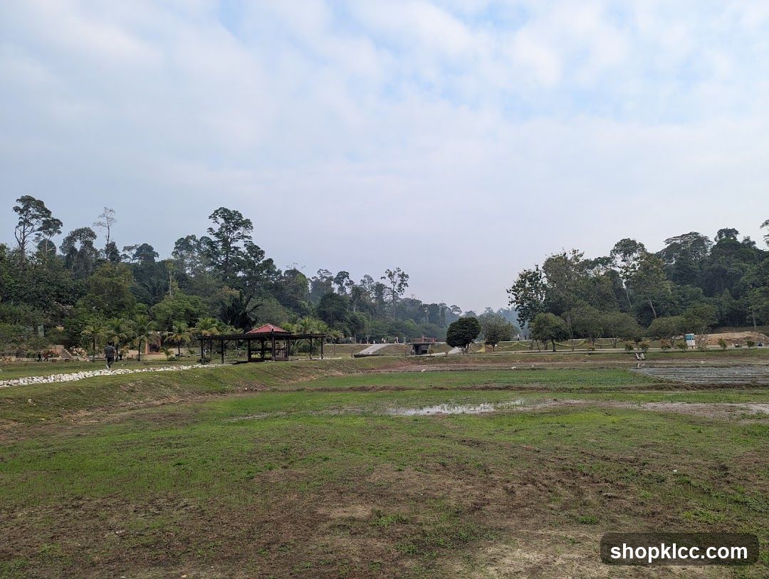 A wide shot of a park landscape featuring a large expanse of green fields in the foreground, with a treeline and a gazebo in the mid-ground. The sky is partly cloudy. Several people are visible walking along a path near the gazebo.