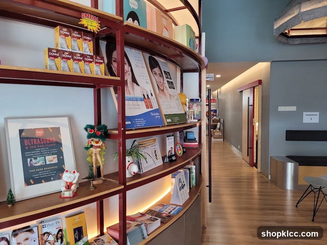 Interior Display Shelf with Products and Posters
