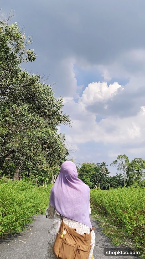 Person walking on a path with lush greenery and cloudy sky