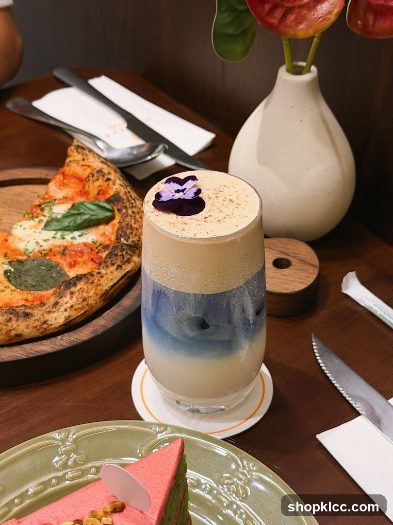 Layered Drink with Pizza and Cake