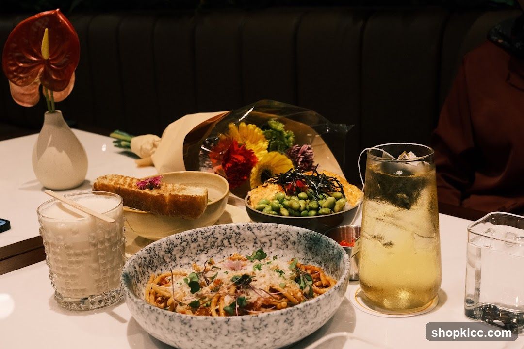Table Setting with Food and Flowers