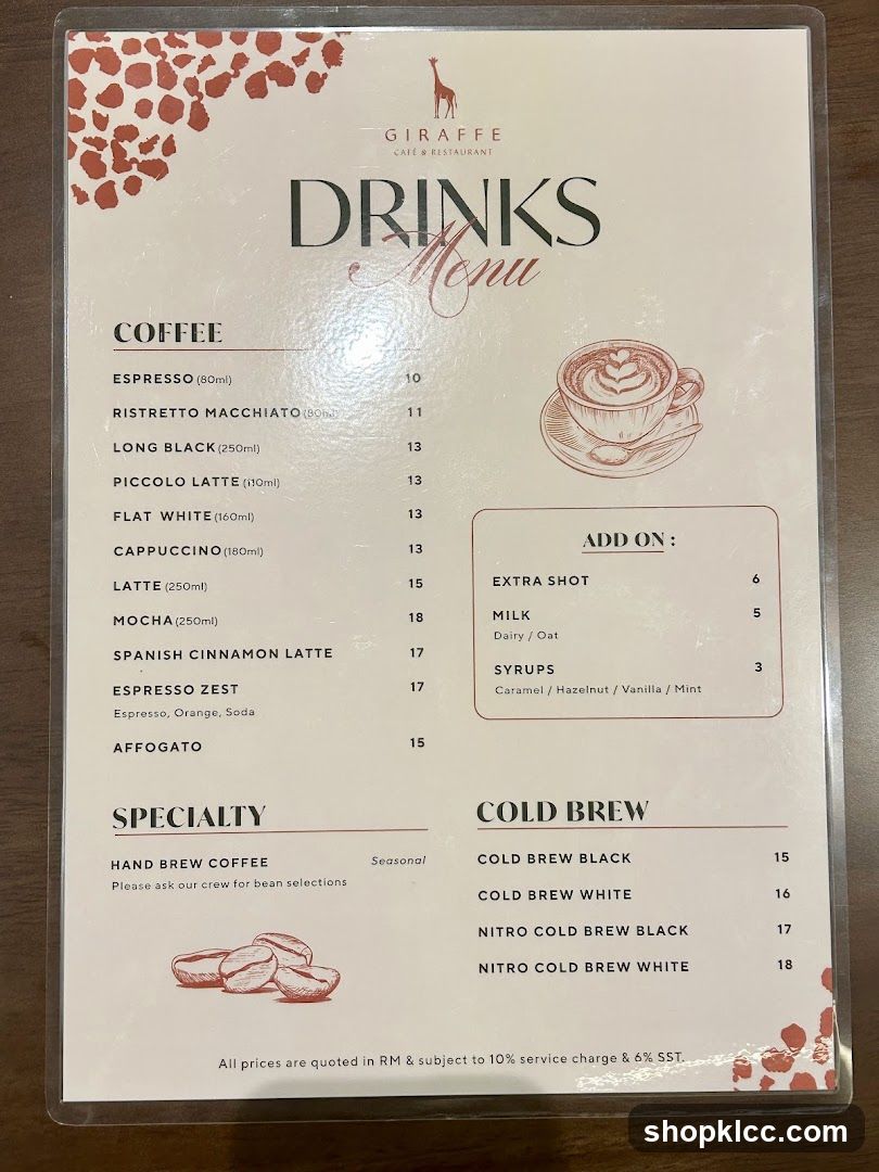 Giraffe Cafe & Restaurant Drinks Menu