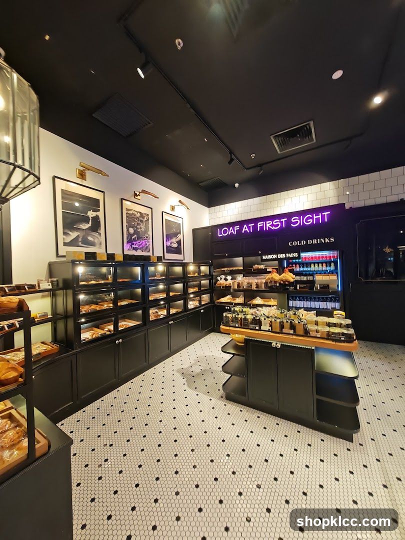 Bakery Interior with Display Cases and Neon Signage