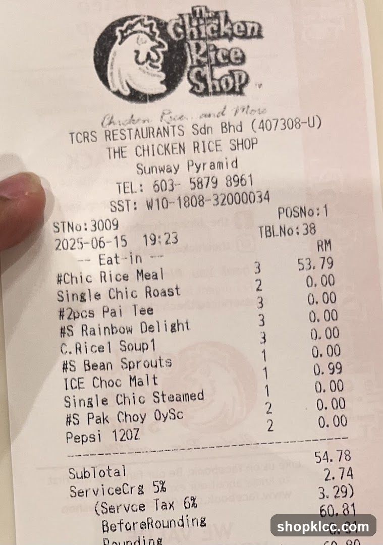 Receipt from The Chicken Rice Shop