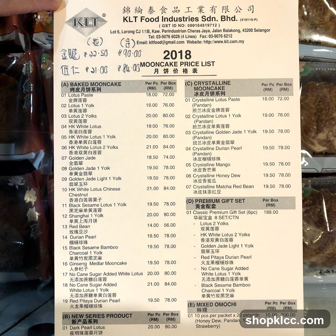 KLJ Food Industries Sdn Bhd - Mooncake Price List