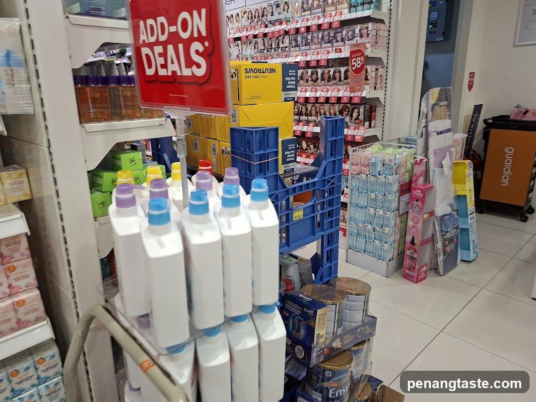 Store aisle with cleaning products and health items