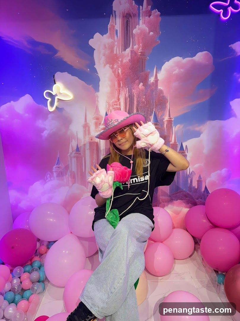 Woman Posing with Pink Accessories in a Dreamy Castle Setting