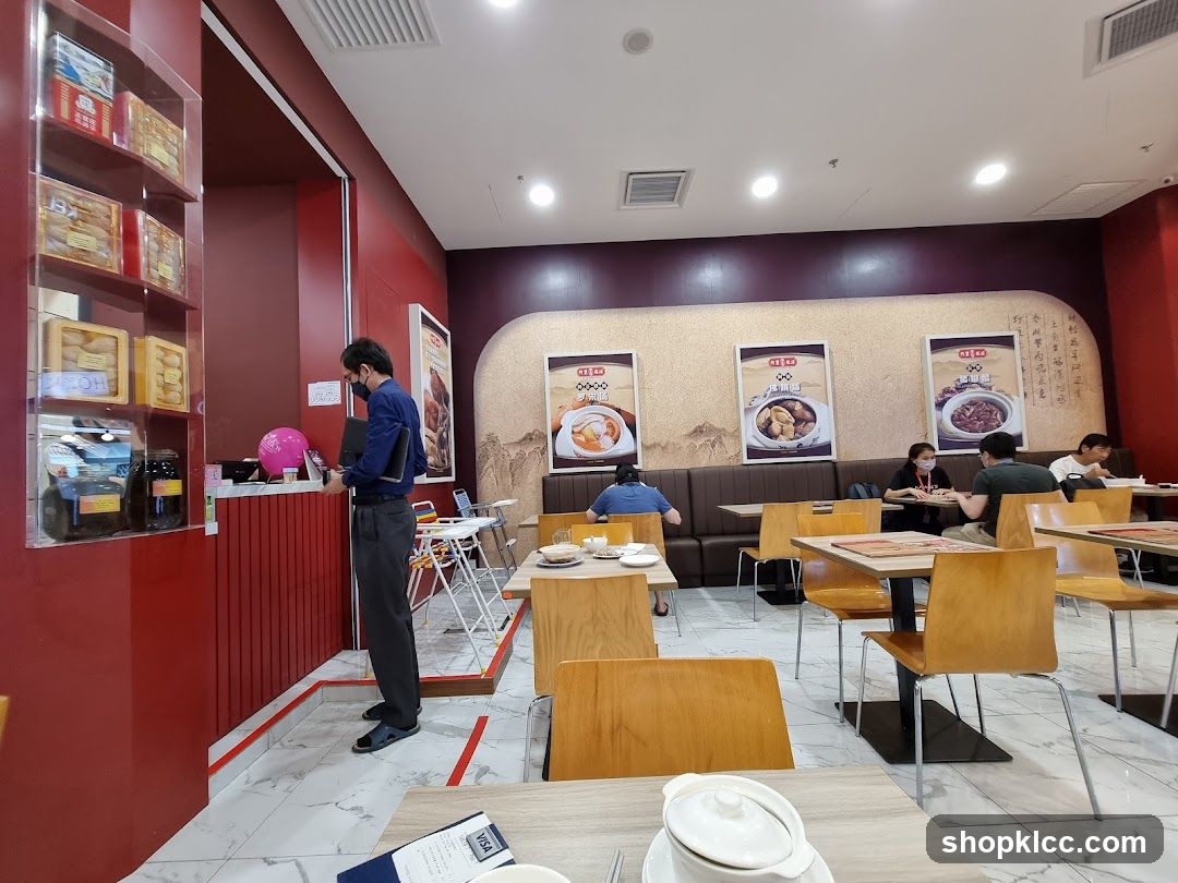 Restaurant Interior with Red Walls and Wooden Tables