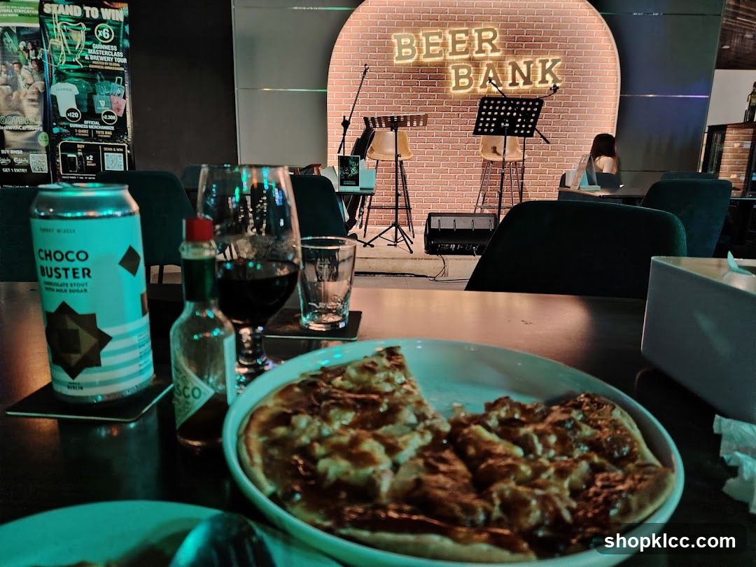 Beer Bank Interior with Pizza and Drinks