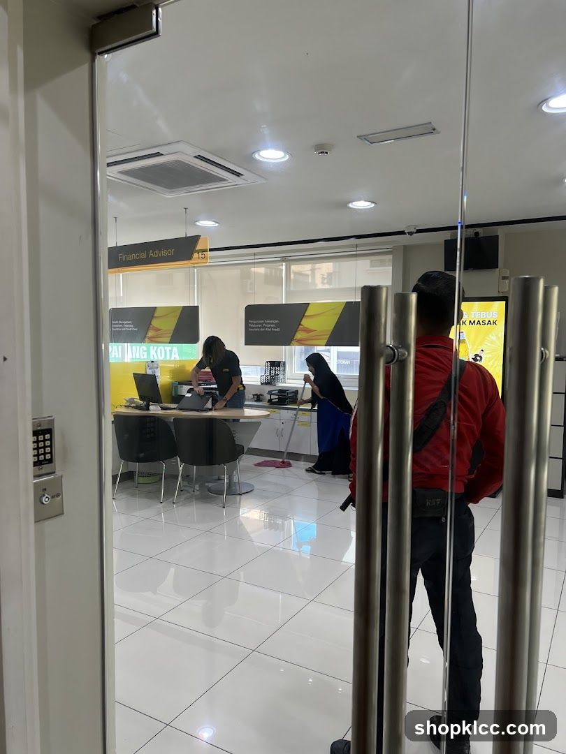 Bank Interior View Through Glass Door