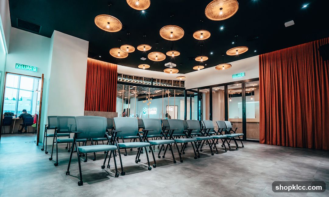 Modern Interior Space with Red Curtains and Hanging Lamps