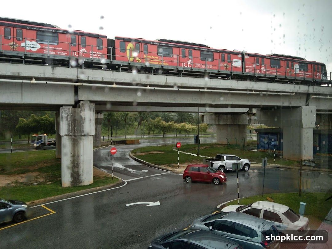 Red Train on Elevated Track in Rainy Day
