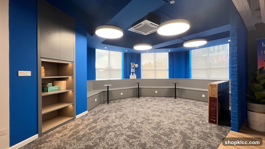 Blue Interior Space with Shelving and Windows