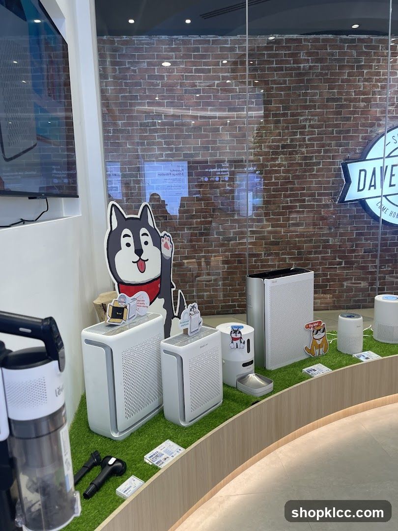 Pet-themed air purifiers and vacuum cleaner display