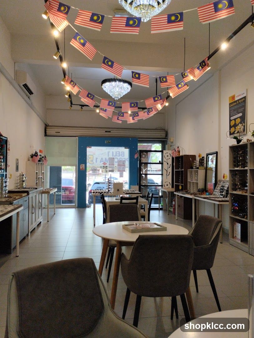 Interior of a shop with Malaysian flags