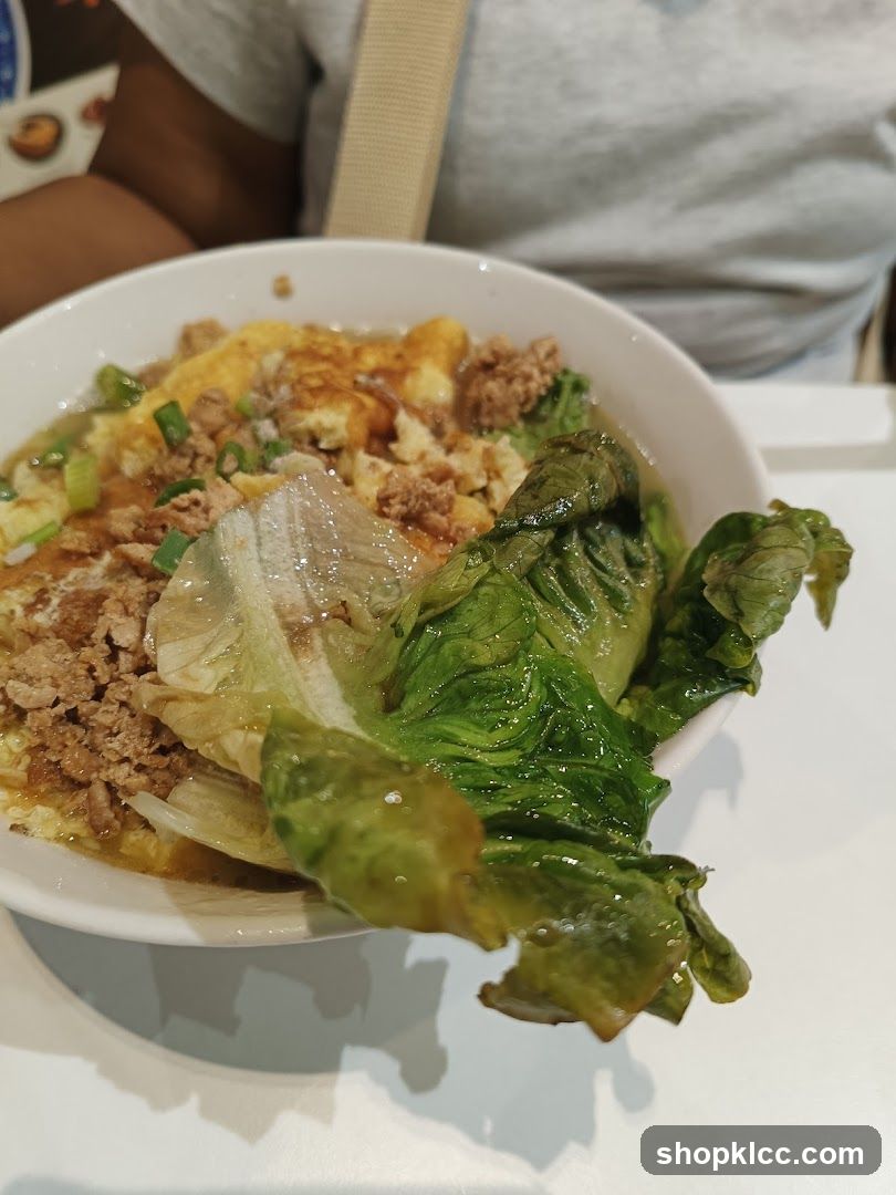 Bowl of Noodle Dish with Greens and Minced Meat