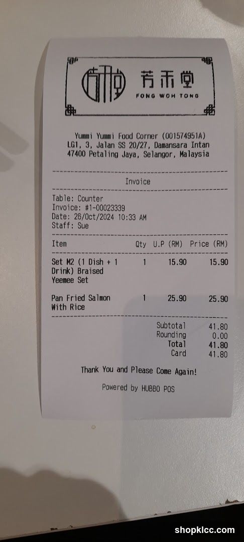 Receipt from Yummi Yummi Food Corner