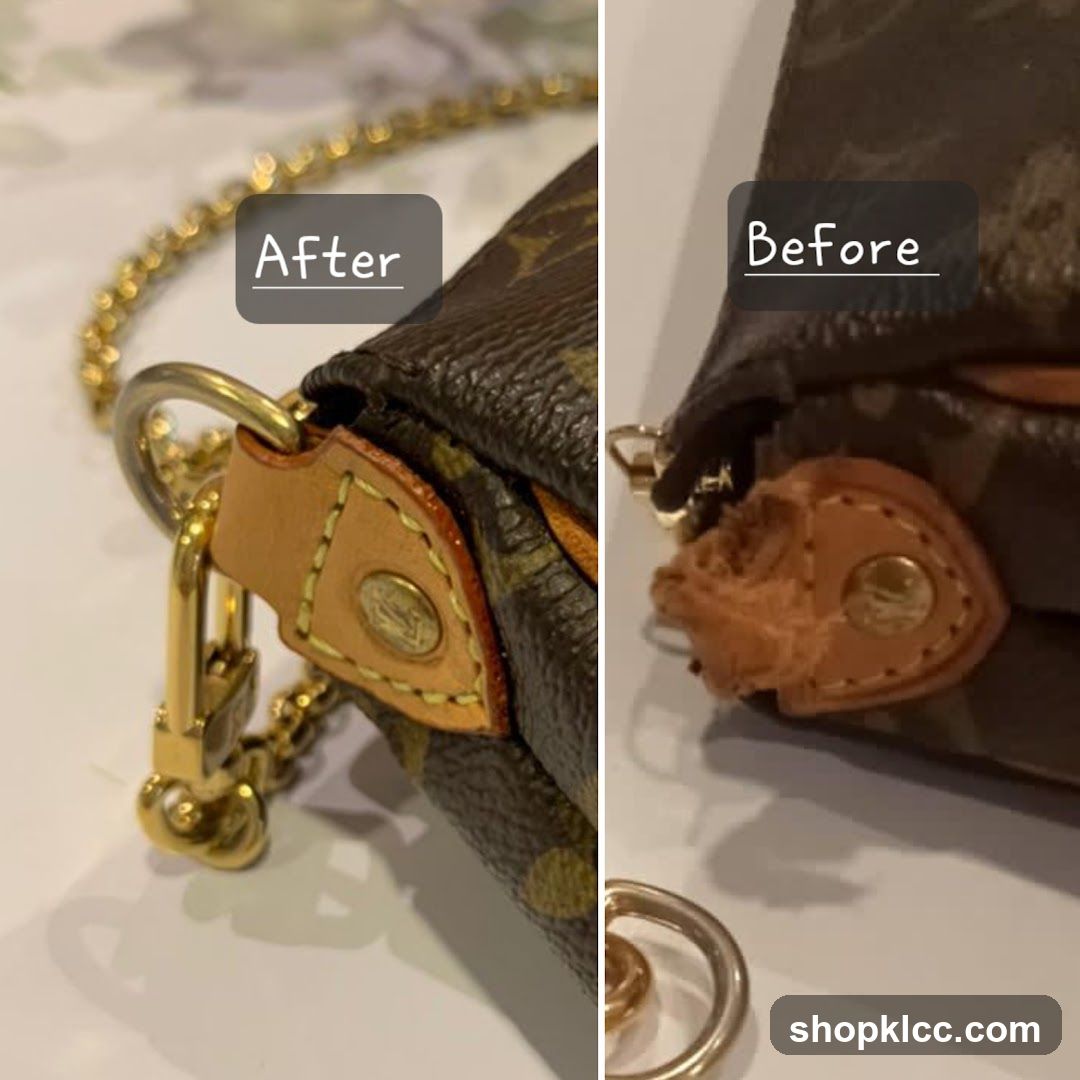 Before and After Repair of a Designer Bag Strap