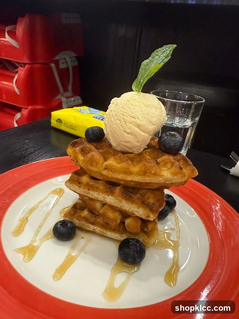Waffles with Ice Cream and Blueberries